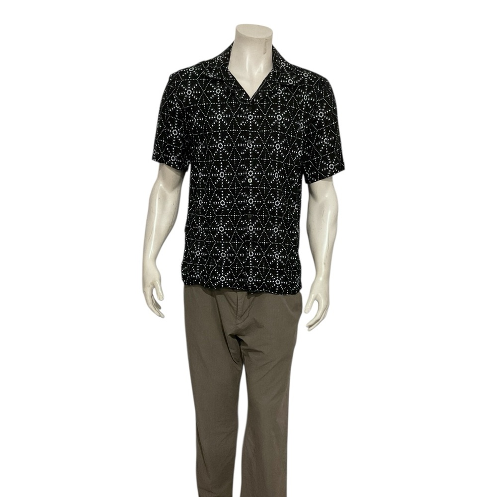 John Varvatos Men’s Black Geometric Pattern Short Sleeve Button Shirt